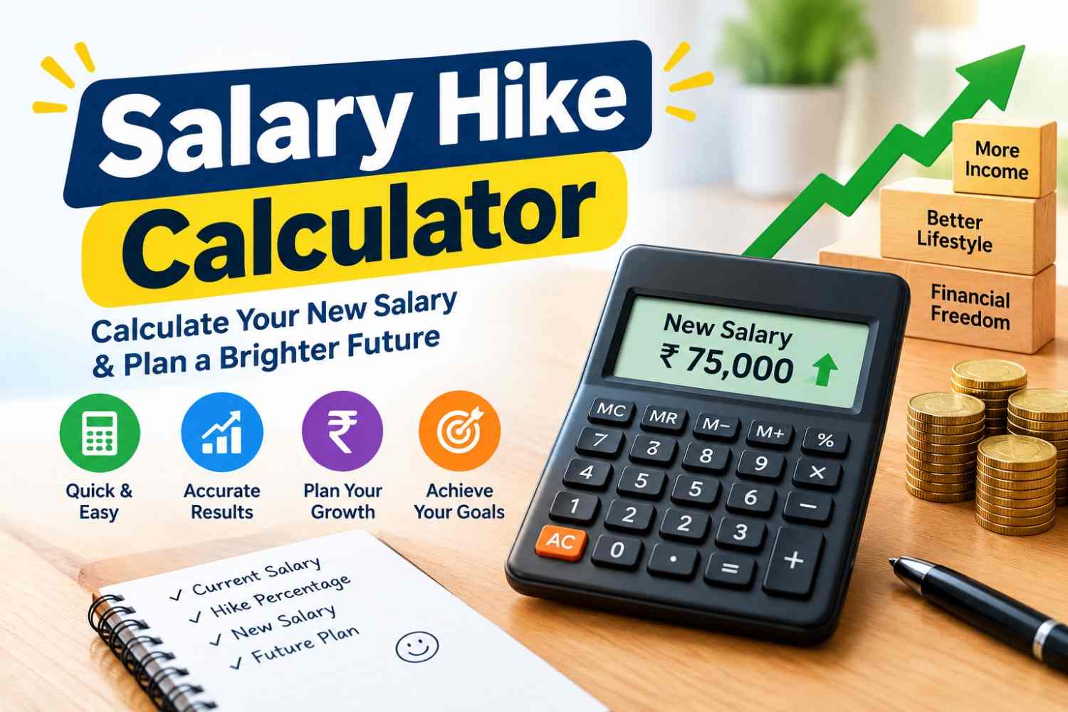 Use our salary hike calculator to calculate your salary increase, percentage raise, new monthly income, and annual pay. Plan your finances with confidence.